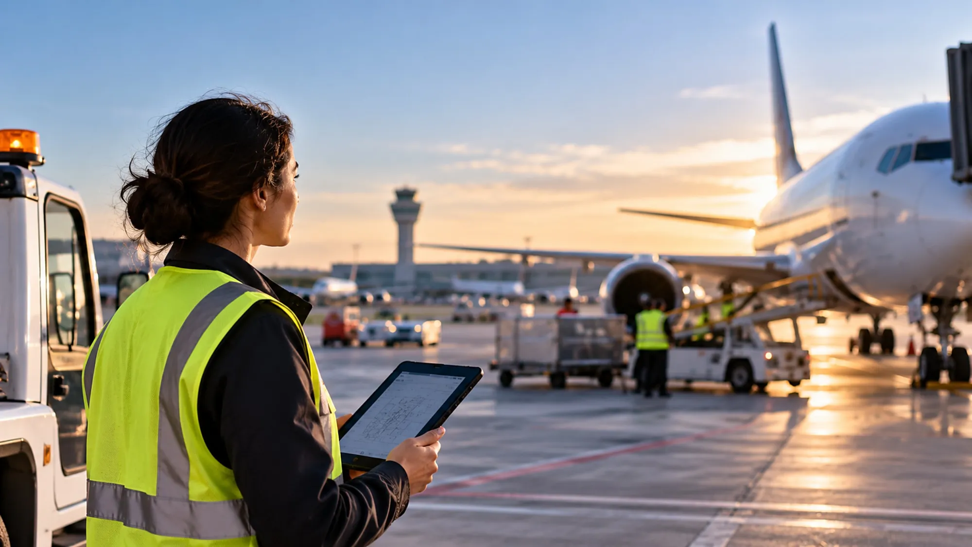 Airport operations officer with a tablet on the apron at sunset