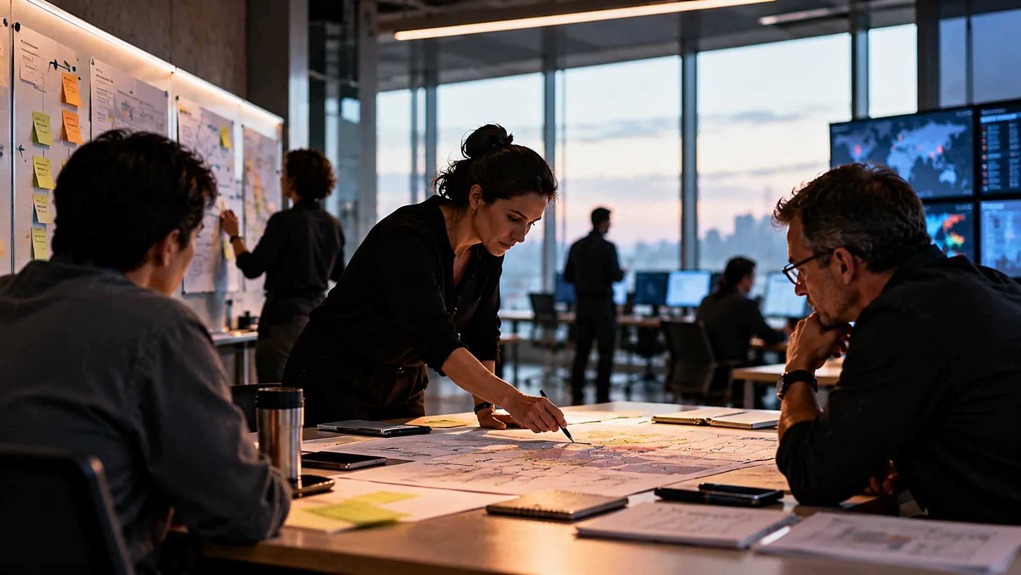 Business continuity team planning over maps in an operations center at dusk
