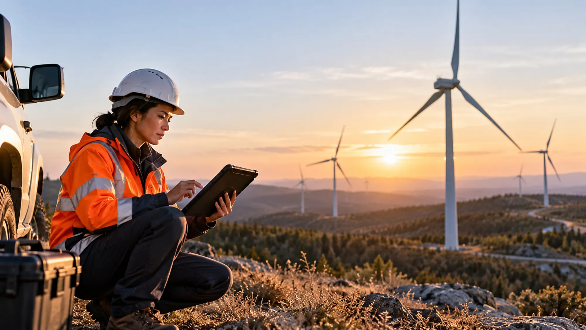 Utility field engineer reviewing a tablet at a wind farm at sunset