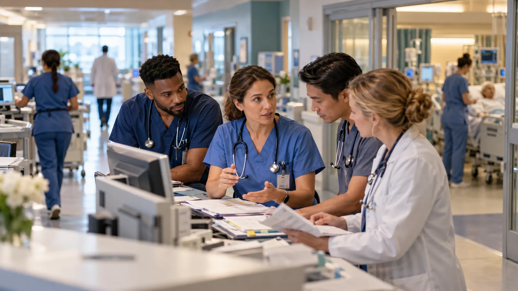 Clinical team collaborating at a hospital nurses’ station