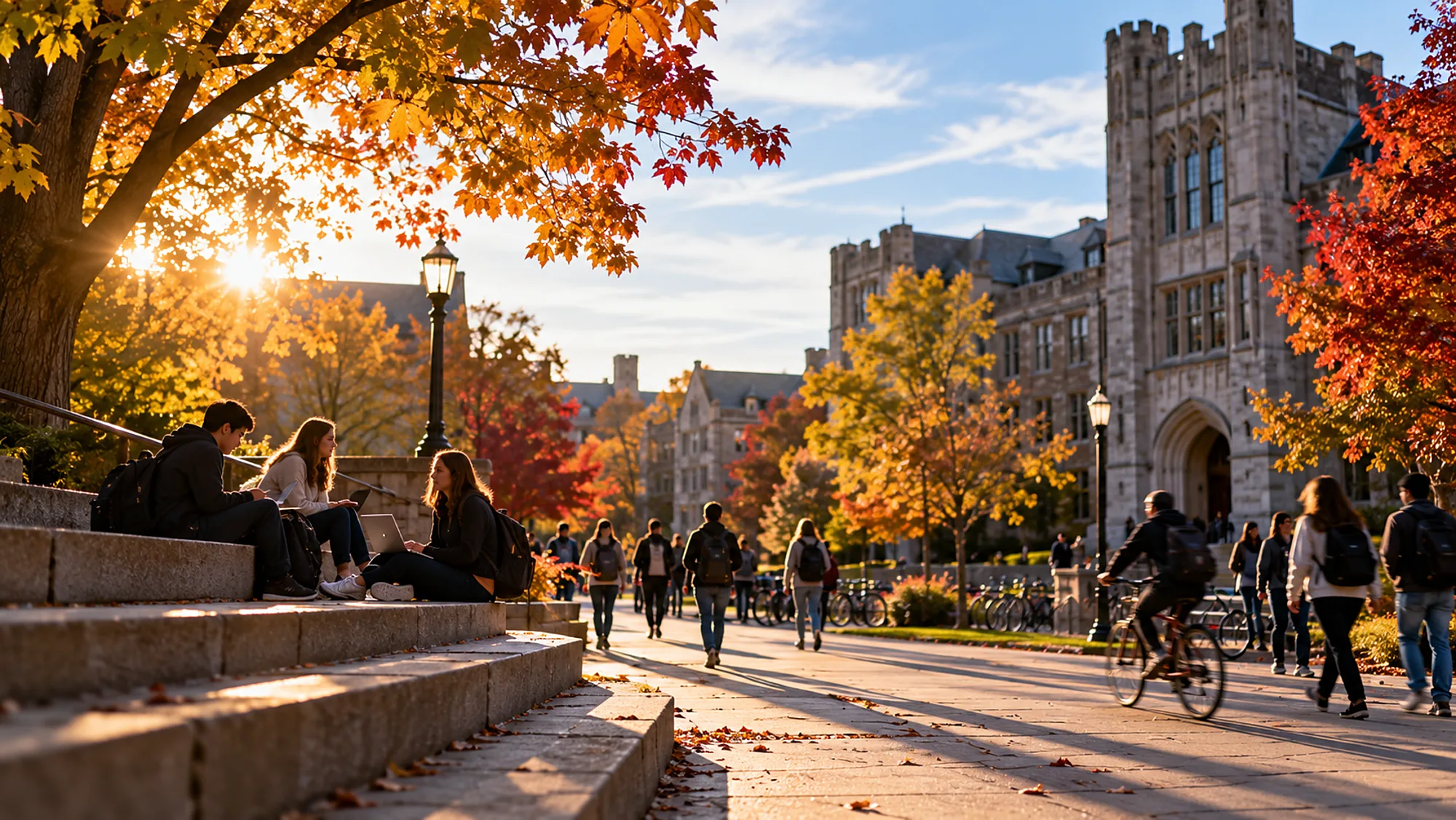 Students on the steps and walkways of a university campus in autumn