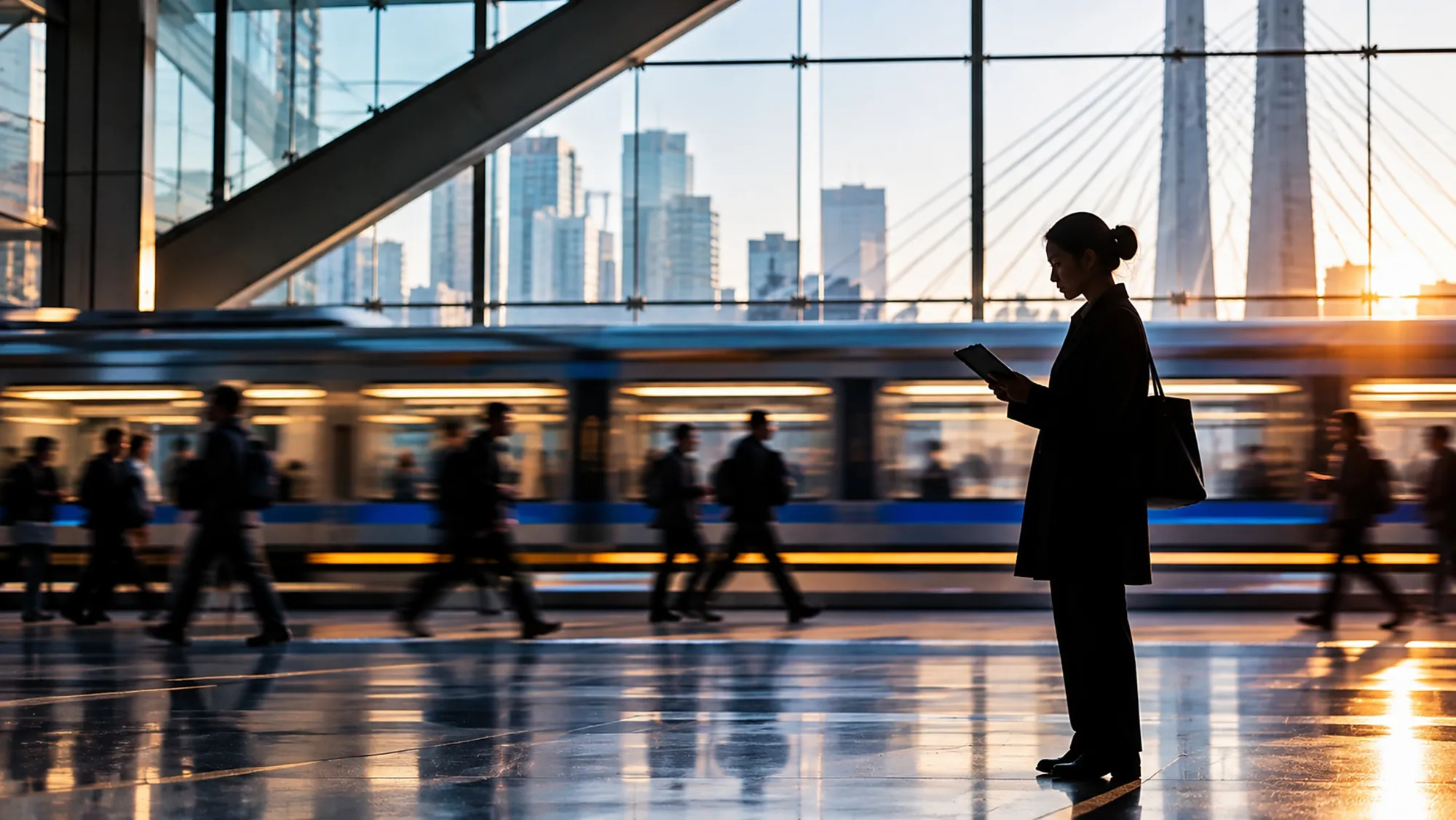 Transit agency staff member reviewing a tablet on a busy station platform as a train passes