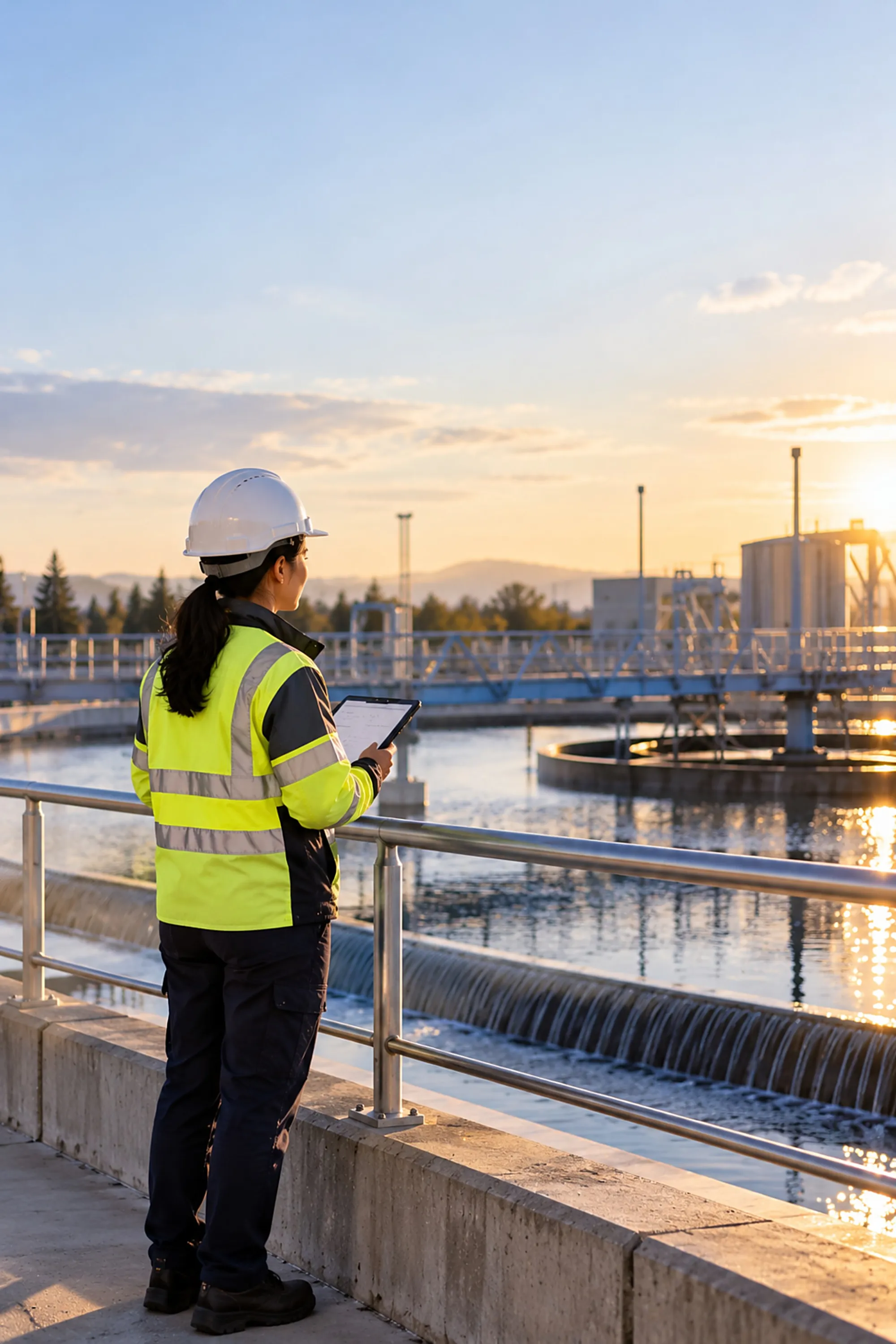 Water utility operator with a tablet inspecting a treatment plant clarifier at sunset