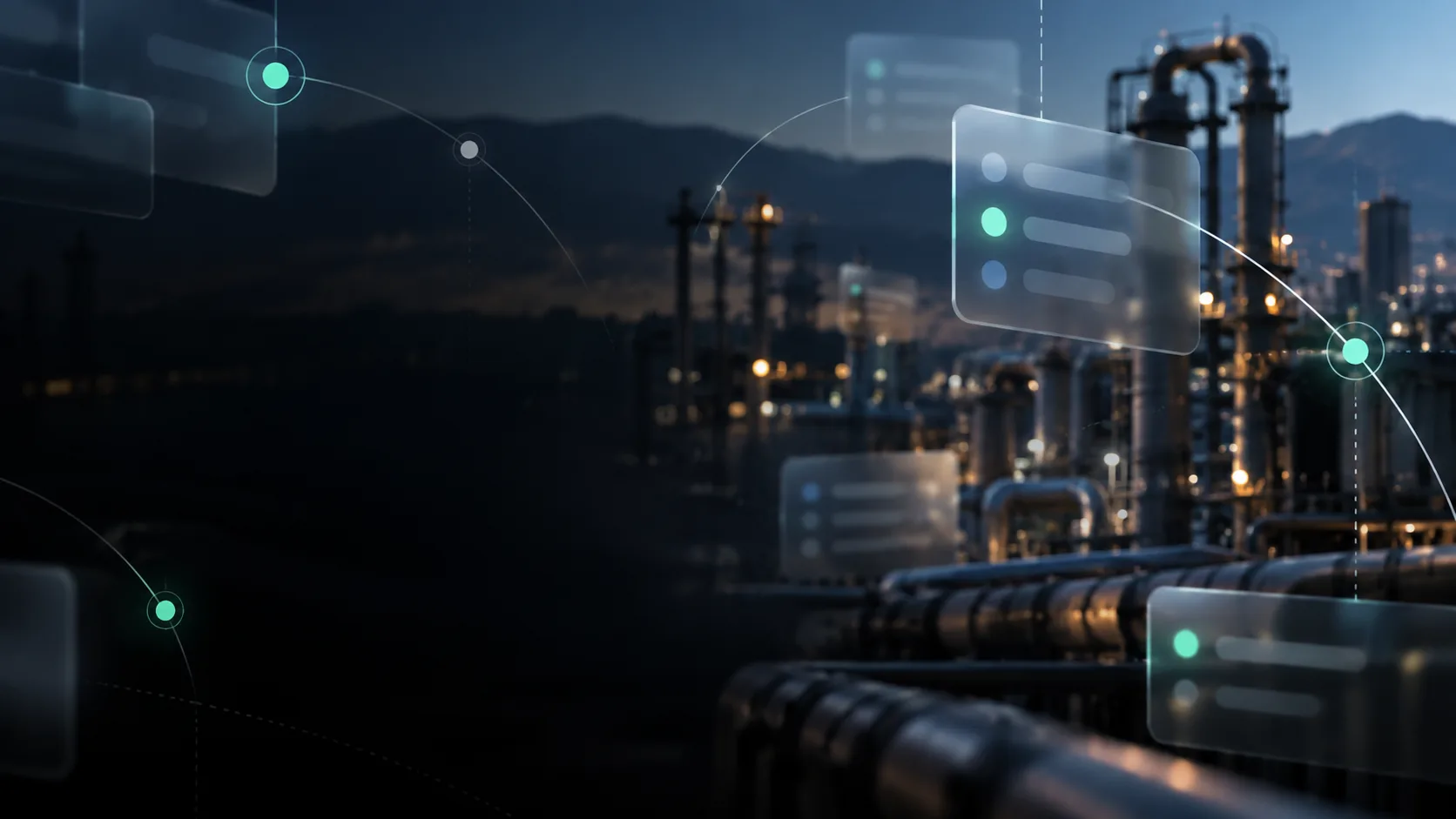 Industrial facility at dusk with connected data panels